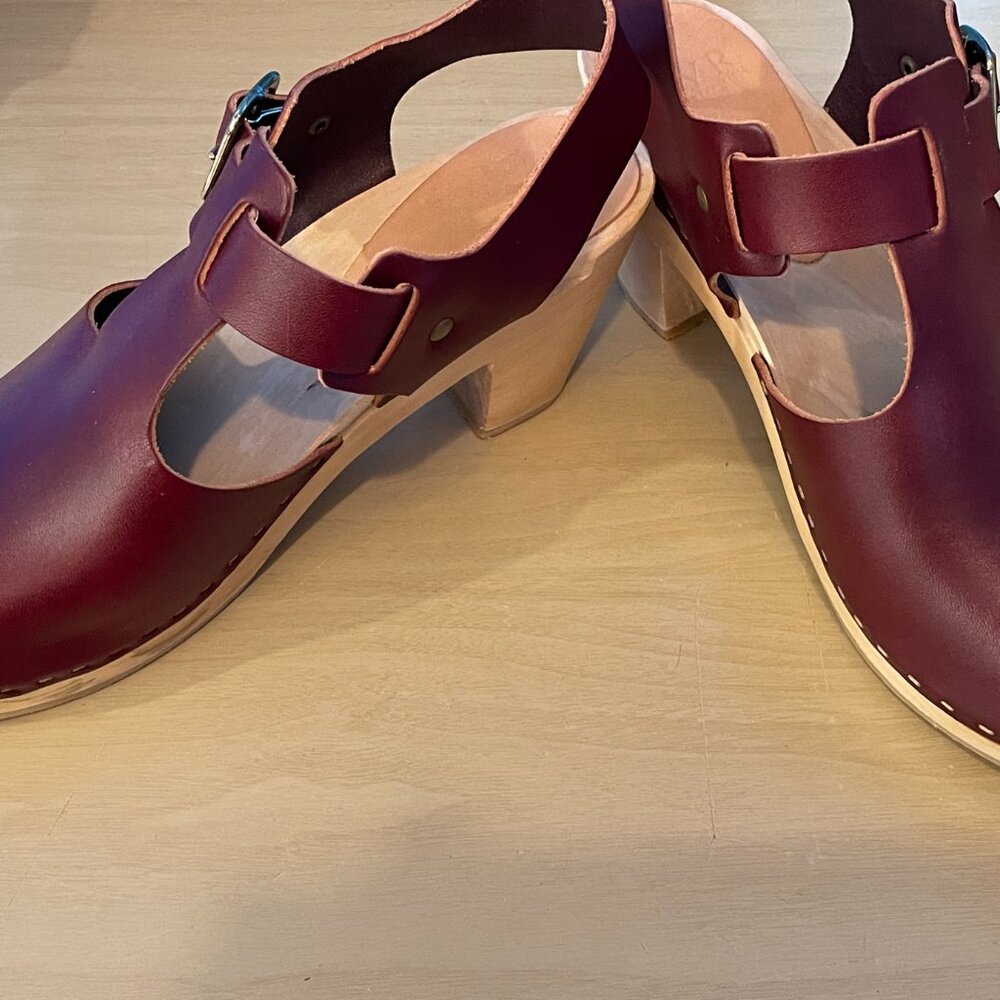 Bryr Oxblood T-Strap High Heeled Clogs - Picture 7 of 8